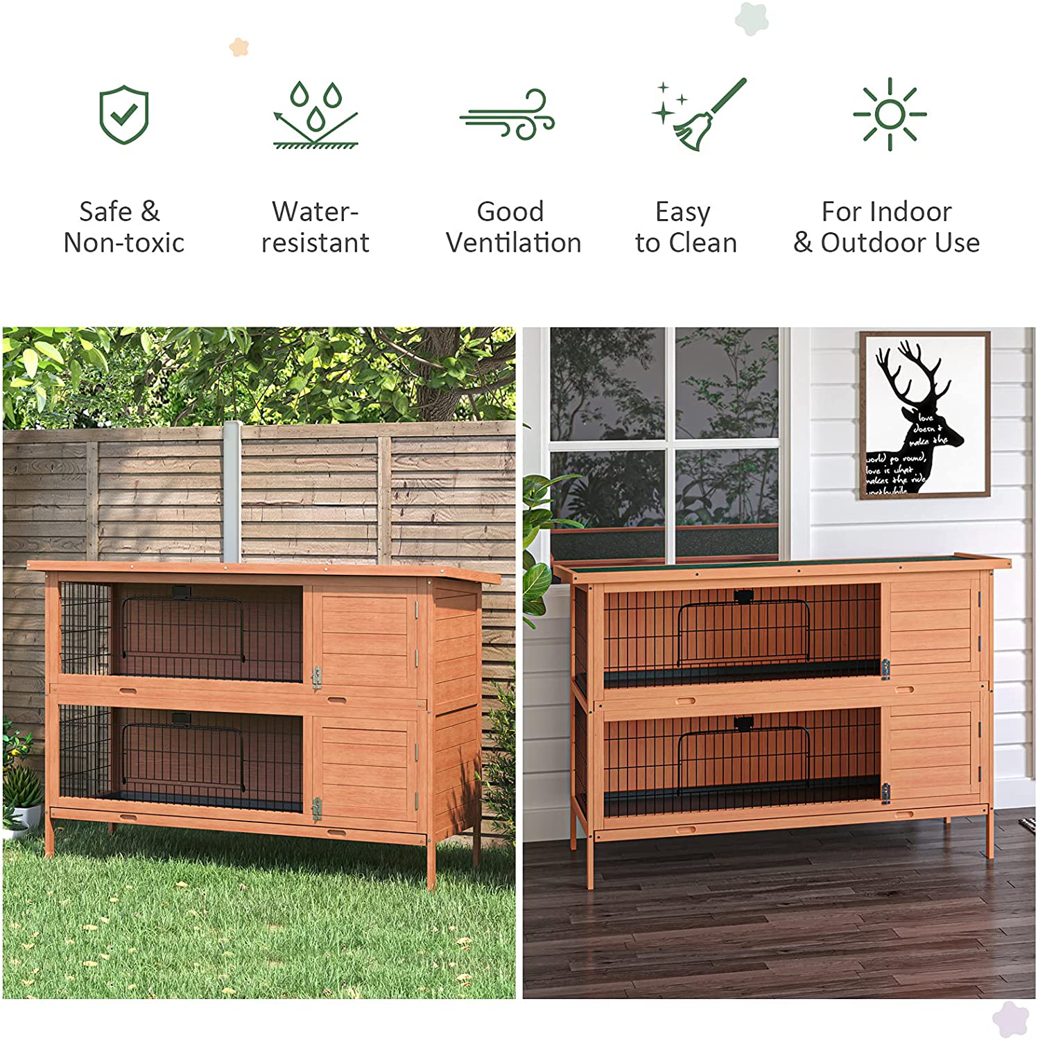 Pawhut 54" 2-Floor Large Rabbit Hutch Wooden Pet House Bunny Cage Small Animal Habitat with Lockable Doors Run Asphalt Roof for Outdoor Use