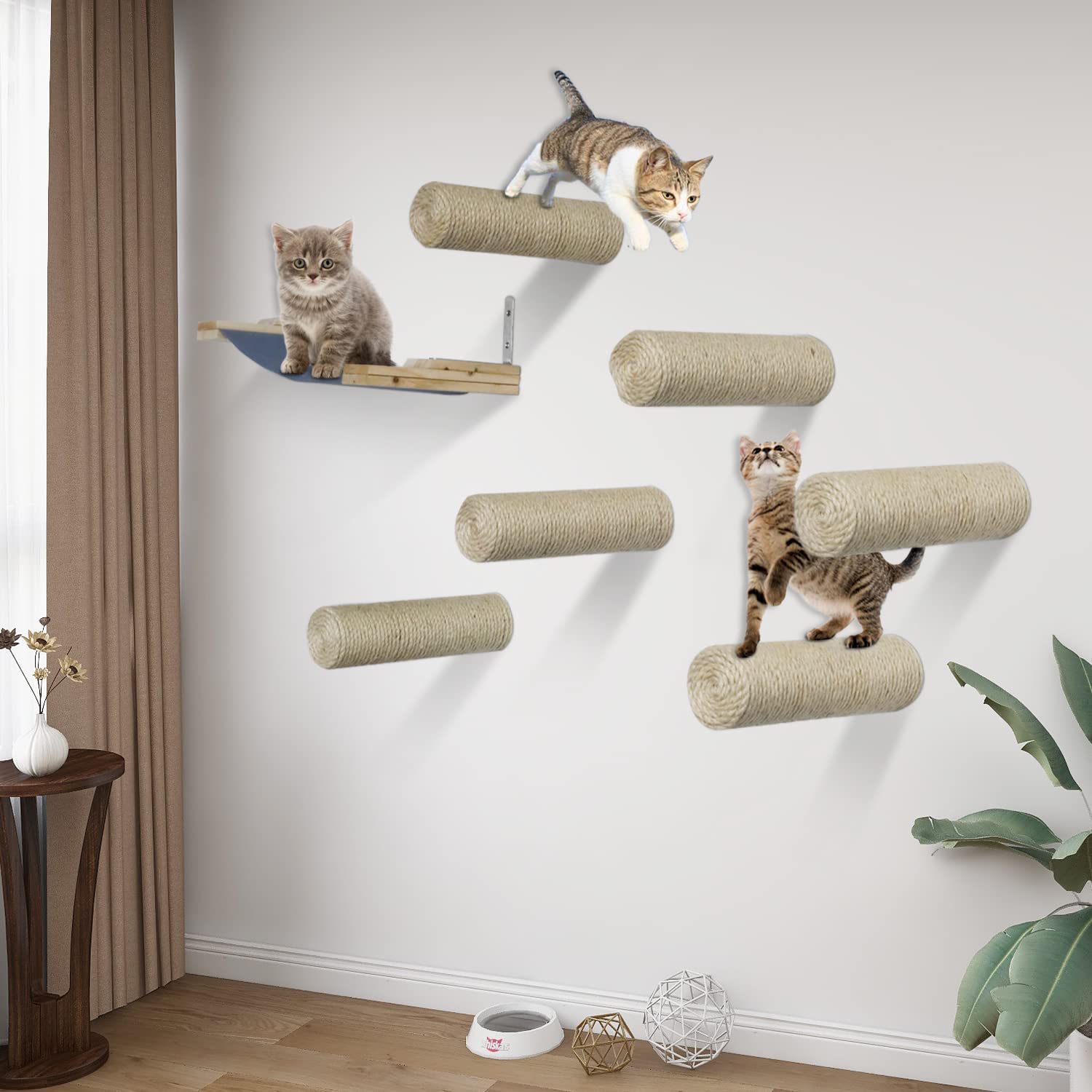 Vikiullf Wall Mount Cat Floating Steps - Set of 7 Cat Scratching Posts Shelves with Cat Hammock for Climbing Sleeping Playing Lounging Perching Cat Furniture, Wood with Sisal Rope (Natural) Animals & Pet Supplies > Pet Supplies > Cat Supplies > Cat Furniture Vikiullf   