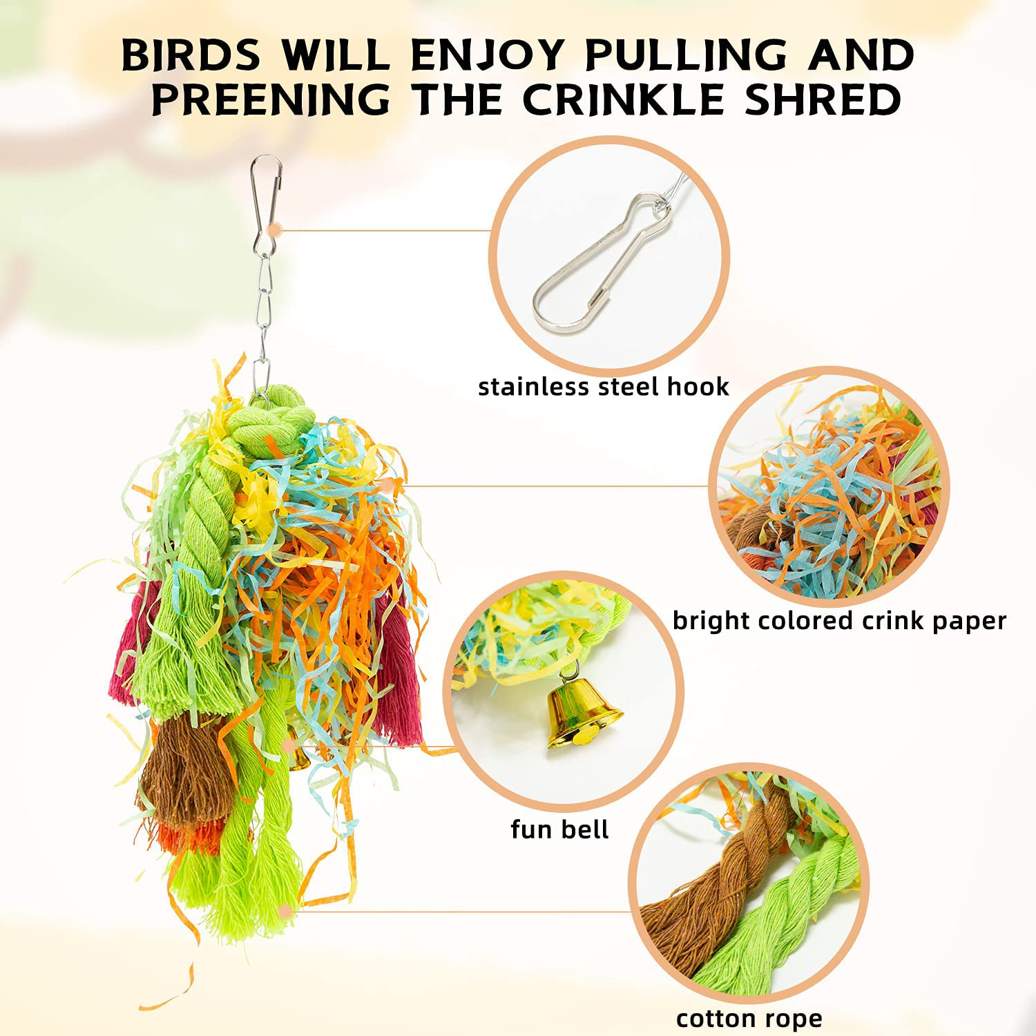 RLRICH 5PACK Bird Colorful Chewing Toys Parrot Foraging Shredder Toys Shred Hanging Foraging Toys,Comfy Perch Parrot Toys for Rope Bungee Bird Toy