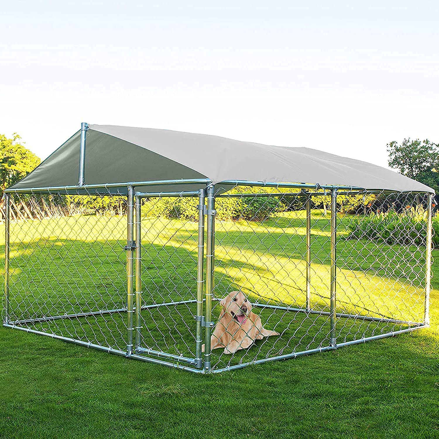 LEISU Outdoor Dog Kennel Heavy Duty Dog House with Water Resistant Cover Dog Cage Pet Resort Kennel Steel Fence with Secure Lock Mesh