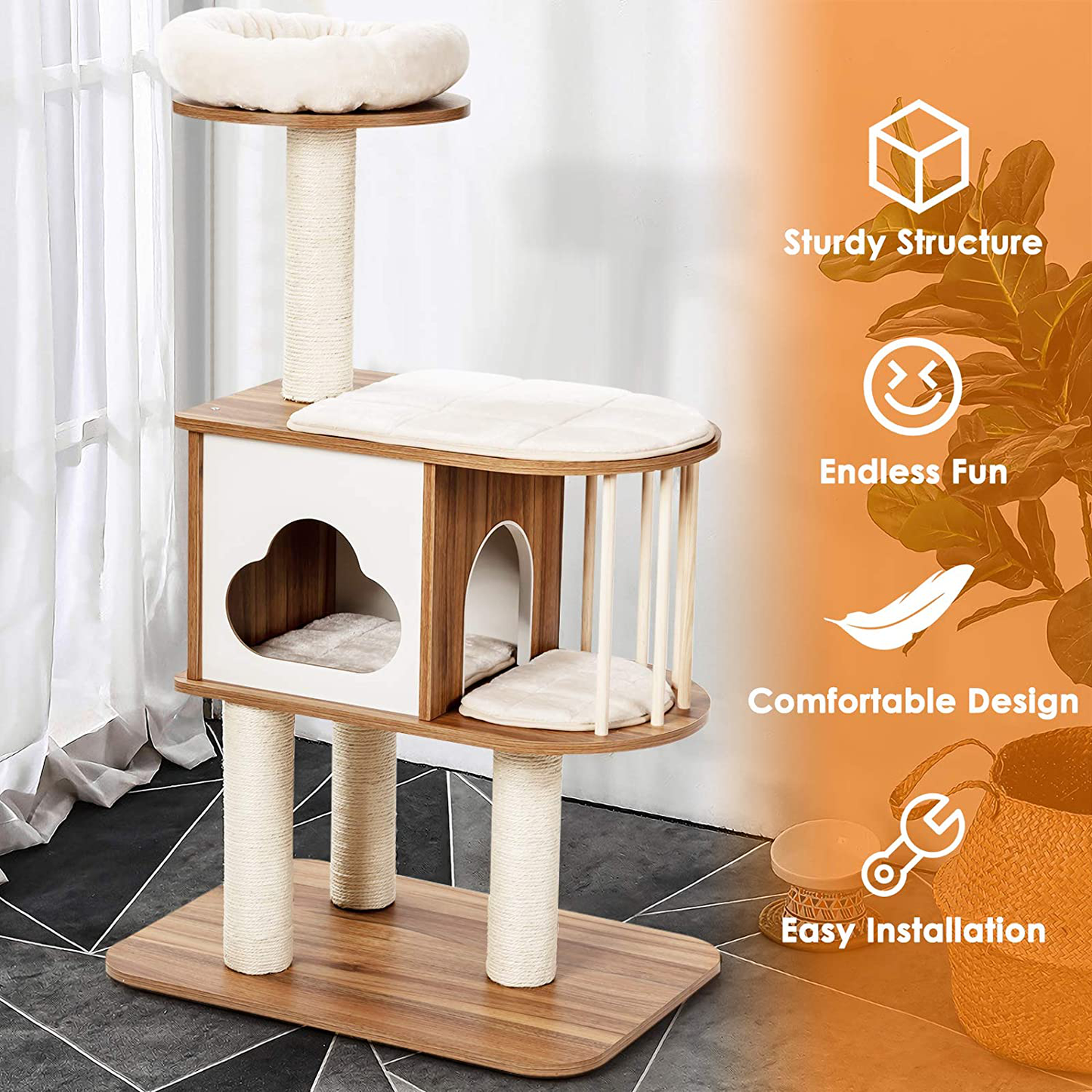 Tangkula Modern Wood Cat Tree, 46 Inches Cat Tower with Platform, Cat Activity Center with Scratching Posts and Washable Cushions, Wooden Cat Condo Furniture for Kittens and Cats