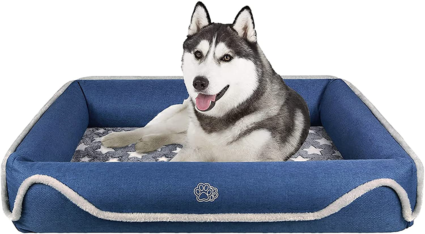 EMPSIGN Bolster 2-In-1 Dog Bed, Pet Bed with Reversible Inner Pad (Warm & Cool), Washable Bed Water Repellent Removable Covers, Waterproof Non-Skid Bottom & High Density Foam, Blue & Grey, Star Print Animals & Pet Supplies > Pet Supplies > Dog Supplies > Dog Beds EMPSIGN L (38”x29”x8”)  