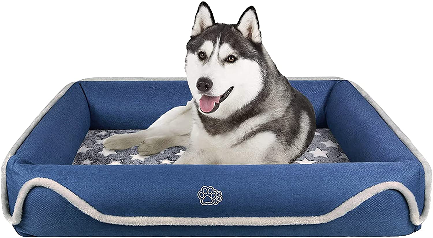 EMPSIGN Bolster 2-In-1 Dog Bed, Pet Bed with Reversible Inner Pad (Warm & Cool), Washable Bed Water Repellent Removable Covers, Waterproof Non-Skid Bottom & High Density Foam, Blue & Grey, Star Print Animals & Pet Supplies > Pet Supplies > Dog Supplies > Dog Beds EMPSIGN L (38”x29”x8”)  