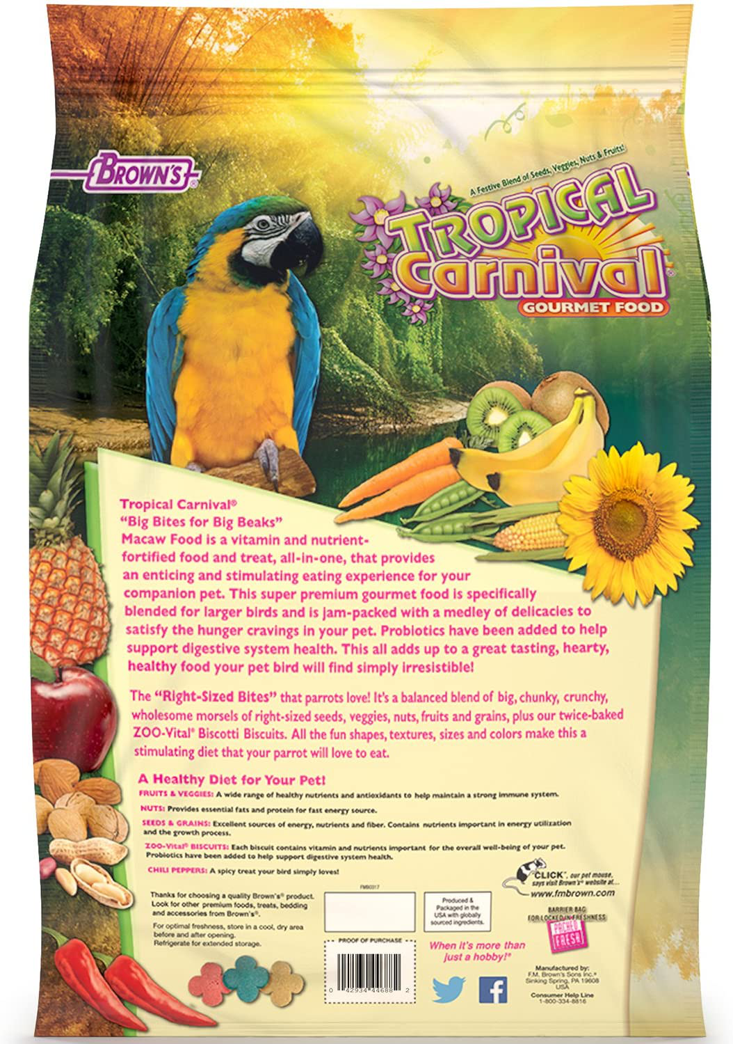 Tropical Carnival F.M. Brown'S, Gourmet Macaw Food Big Bites for Big Beaks - Seeds, Veggies, Fruits, and Nuts with Probiotics Animals & Pet Supplies > Pet Supplies > Bird Supplies > Bird Food Fm Browns   