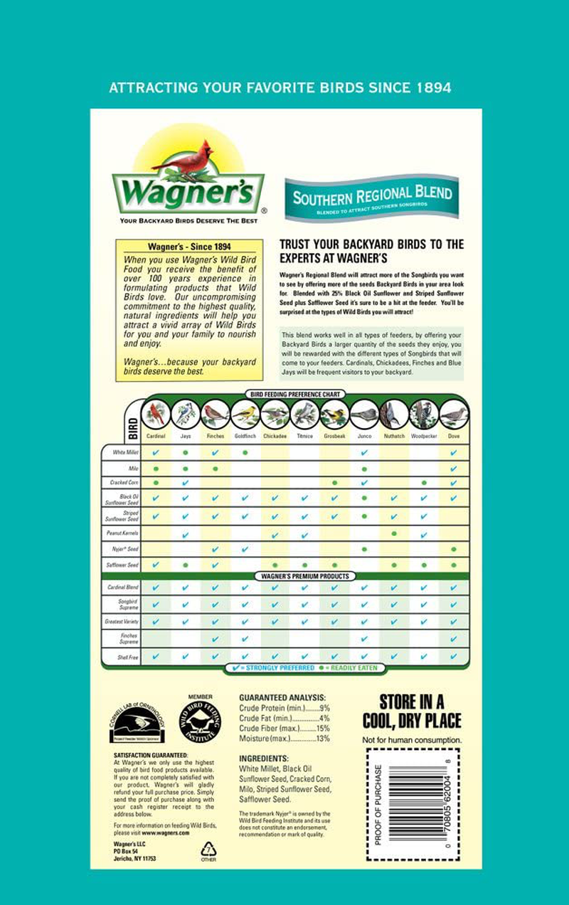 Wagner'S 62012 Southern Regional Blend Wild Bird Food, 20-Pound Bag Animals & Pet Supplies > Pet Supplies > Bird Supplies > Bird Food Wagner's   