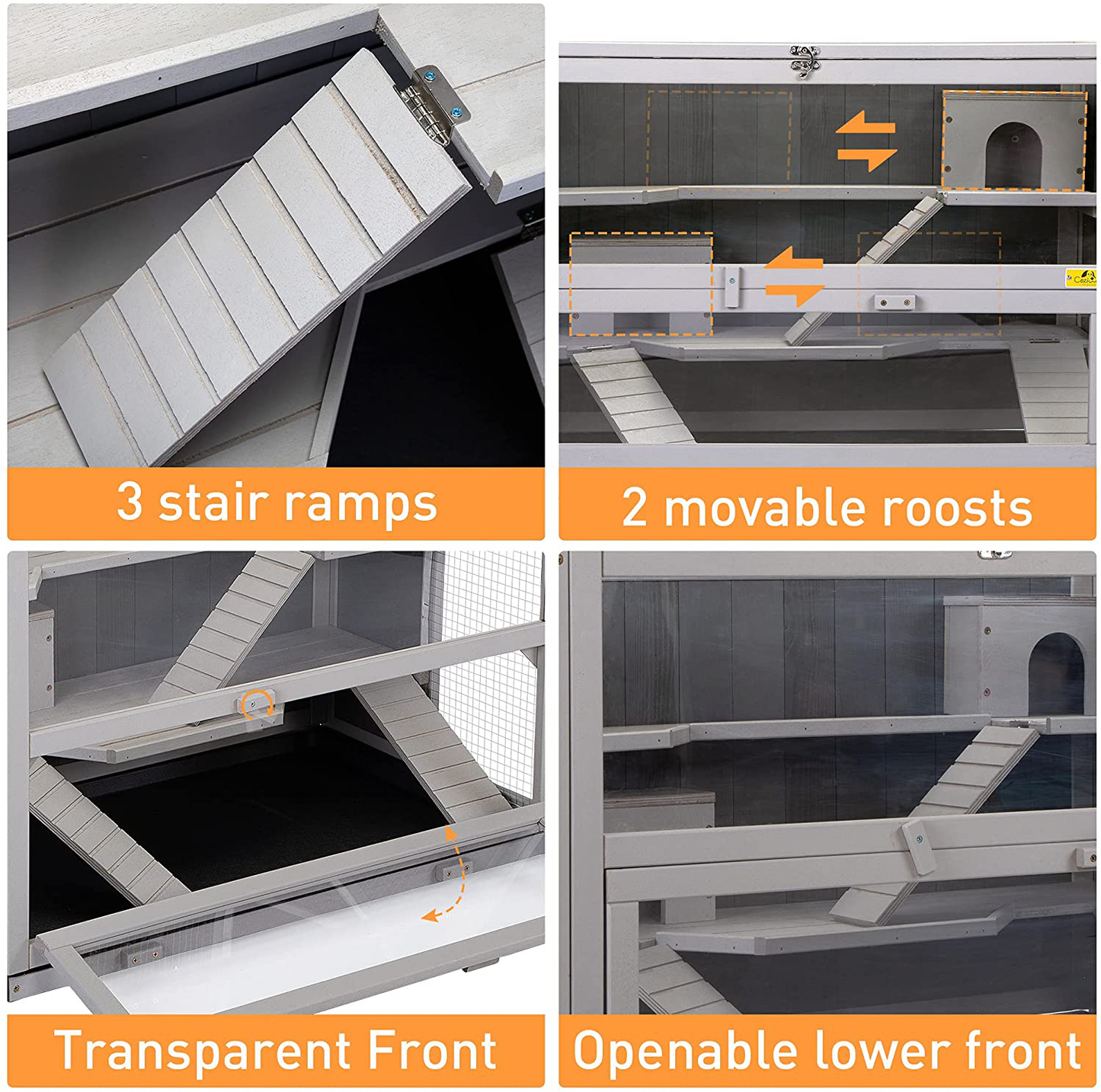 COZIWOW 3 Tier Hamster Cage, Wood Guinea Pig Habitat, Rat House with Hideouts, Ramps and Pull Out Tray, Small Animal House Chinchilla Enclosure, Grey Animals & Pet Supplies > Pet Supplies > Small Animal Supplies > Small Animal Habitats & Cages COZIWOW   