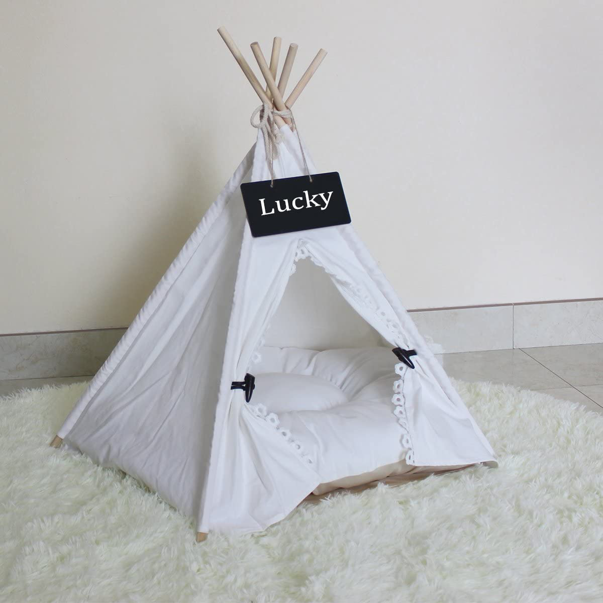 Penck Pet Teepee Dog & Cat Bed - Portable Dog Tents & Pet Houses with Thick Cushion & Blackboard, 24 Inch Tall, for Pets up to 15Lbs
