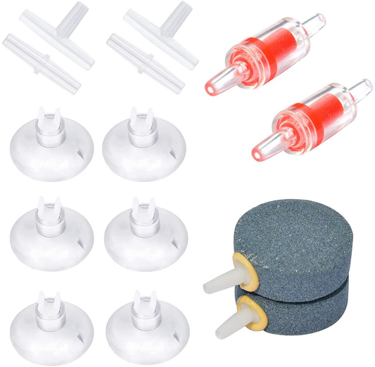 Pawfly Aquarium Air Pump Accessories Set for Fish Tank, 2 Air Stones, 2 Check Valves, 4 Connectors and 6 Suction Cups