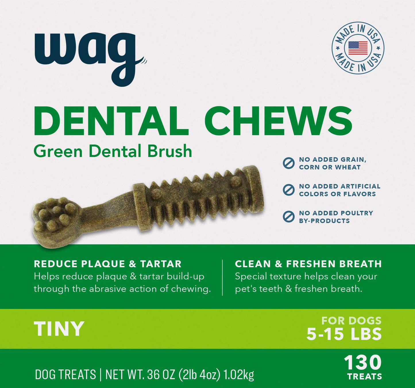 Amazon Brand - Wag Dental Dog Treats to Help Clean Teeth & Freshen Breath Animals & Pet Supplies > Pet Supplies > Dog Supplies > Dog Treats WAG Tiny Size (5-15 lb. dogs)  