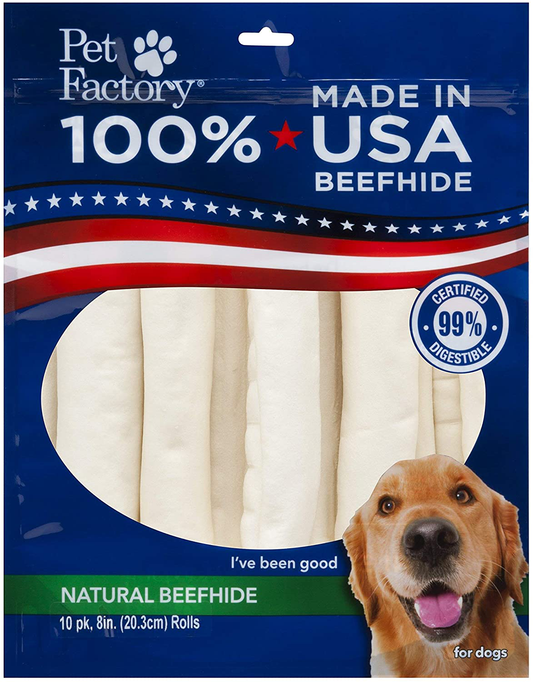 Pet Factory Natural Beefhide Dog Treats 78208, Made in USA, Digestive 8-Inch Retriever Dog Chew Rolls, No Artificial Preservatives or Additives, 10-Pack. Resealable Package