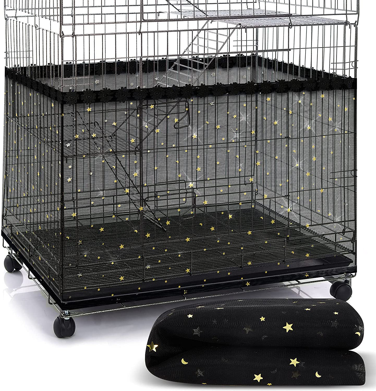 Large Bird Cage Cover Birdcage Nylon Mesh Net Cover Seed Feather Catcher Twinkle Star Universal Birdcage Cover Bird Seed Guard Skirt for Parakeet Macaw African round Square Cage Animals & Pet Supplies > Pet Supplies > Bird Supplies > Bird Cage Accessories Shappy Black X-Large 