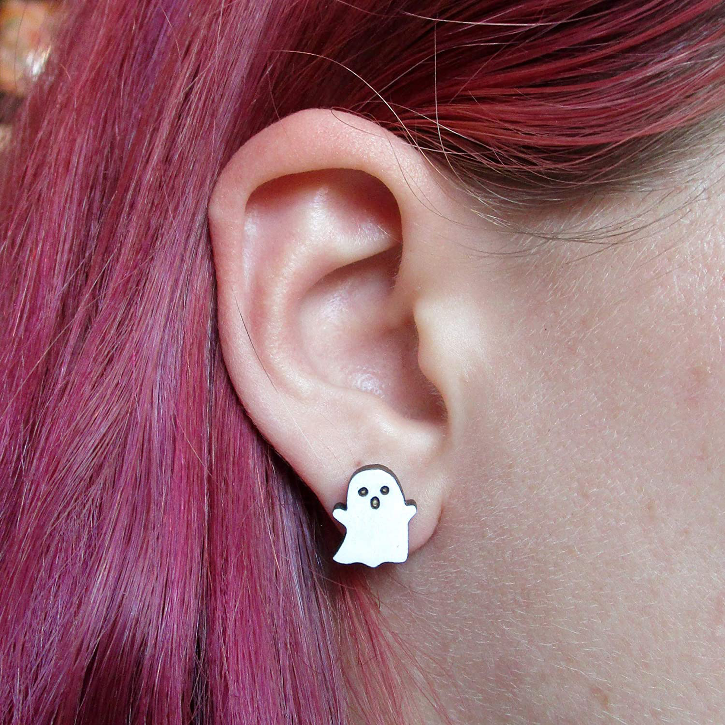 Cute Little Kawaii Wooden White Ghost Stud Earrings, Adorable Funny Halloween Jewelry Stainless Steel Posts