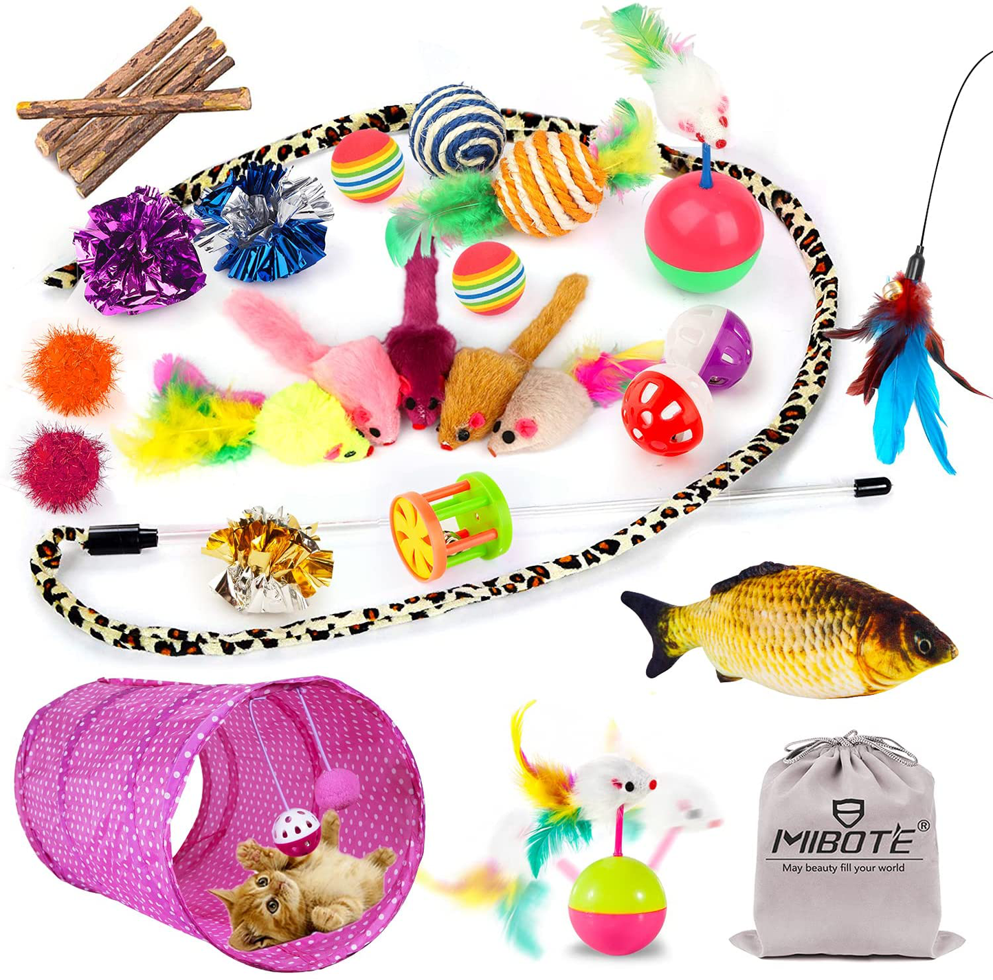 MIBOTE 28Pcs Cat Toys Kitten Toys Assorted, Cat Tunnel Catnip Fish Feather Teaser Wand Fish Fluffy Mouse Mice Balls and Bells Toys for Cat Puppy Kitty Animals & Pet Supplies > Pet Supplies > Cat Supplies > Cat Toys MIBOTE   