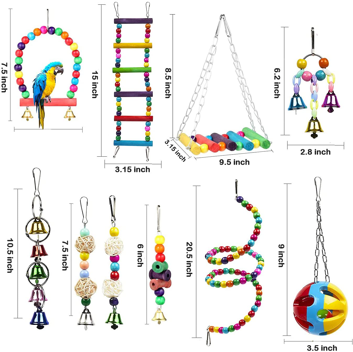 Bird Parrot Toy, 10Pcs Bird Swing Toys Bird Chewing Toys, Colourful Pet Bird Toys with Wooden Hanging Stand Ladder Cage Hanging Bell for Birds, Parrots Animals & Pet Supplies > Pet Supplies > Bird Supplies > Bird Toys AQH   