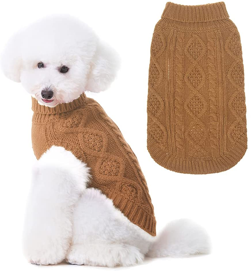 BINGPET Turtleneck Knitted Dog Sweater - Classic Cable Knit Dog Jumper Coat, Warm Pet Winter Clothes Outfits for Dogs Cats in Cold Season Animals & Pet Supplies > Pet Supplies > Dog Supplies > Dog Apparel BINGPET Brown Small/Medium (Pack of 1) 