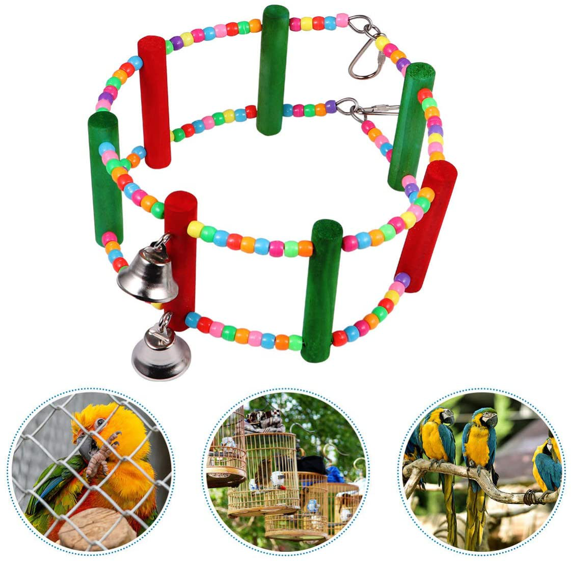 POPETPOP Bird Chewing Perch with Bell Cage Accessories Decorating Birdcage or Wood Parrot Perch Stand Play Gym
