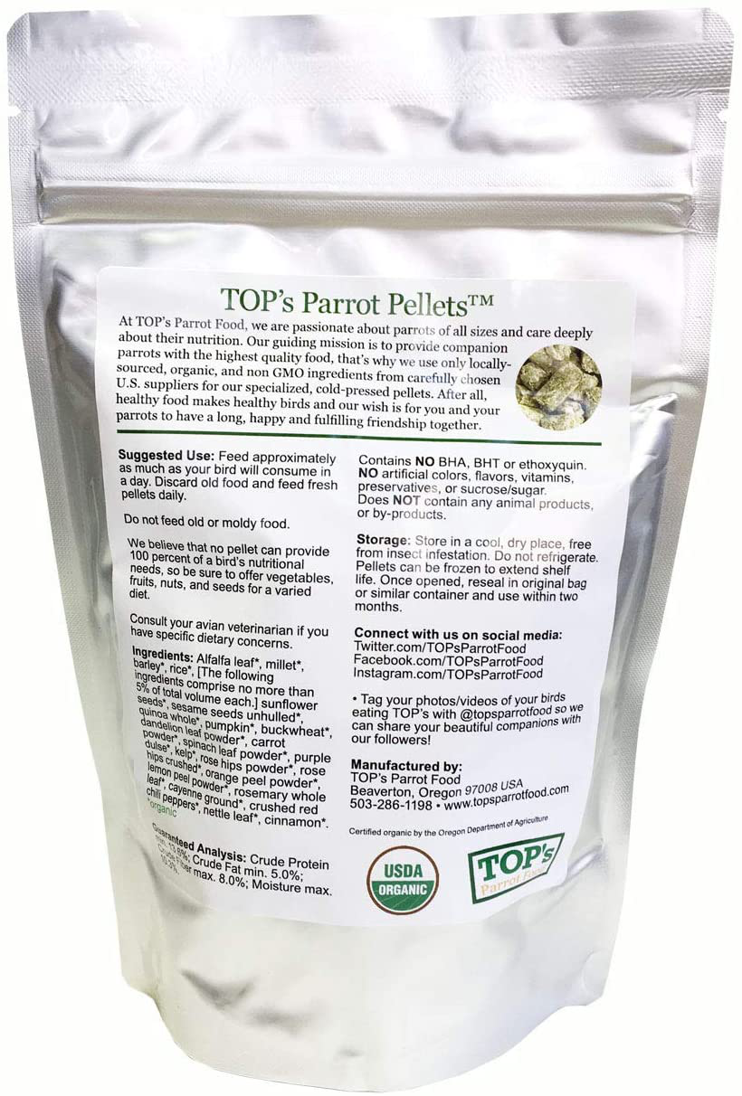 Top'S Parrot Food Bird Pellets for Small Hookbills - Non-Gmo, Peanut Soy & Corn Free, USDA Organic Certified Animals & Pet Supplies > Pet Supplies > Bird Supplies > Bird Food TOP's Parrot Food   