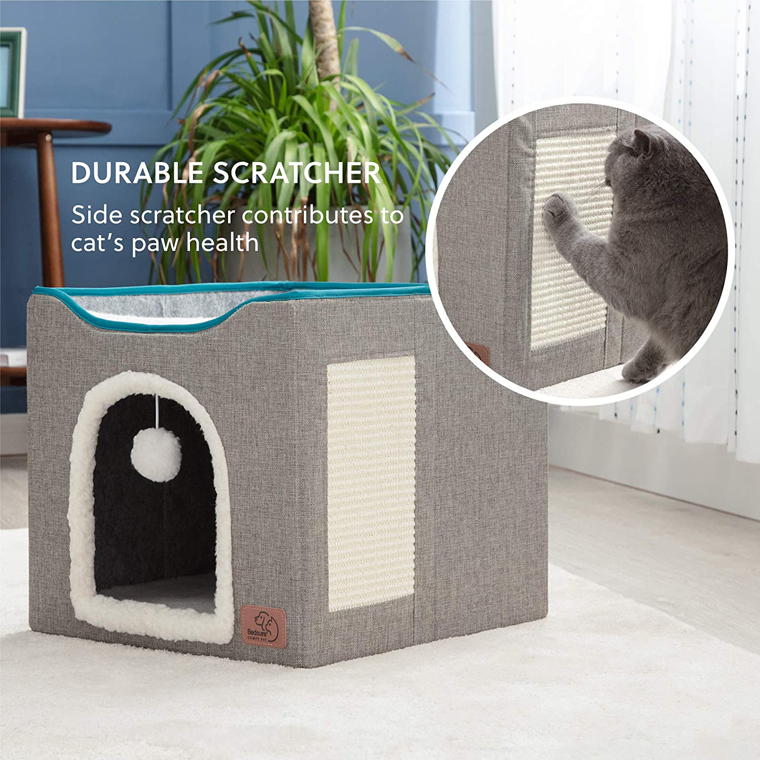 Bedsure Cat Beds for Indoor Cats - Large Cat Cave for Pet Cat House with Fluffy Ball Hanging and Scratch Pad, Foldable Cat Hidewawy,16.5X16.5X14 Inches Animals & Pet Supplies > Pet Supplies > Cat Supplies > Cat Furniture Bedsure   