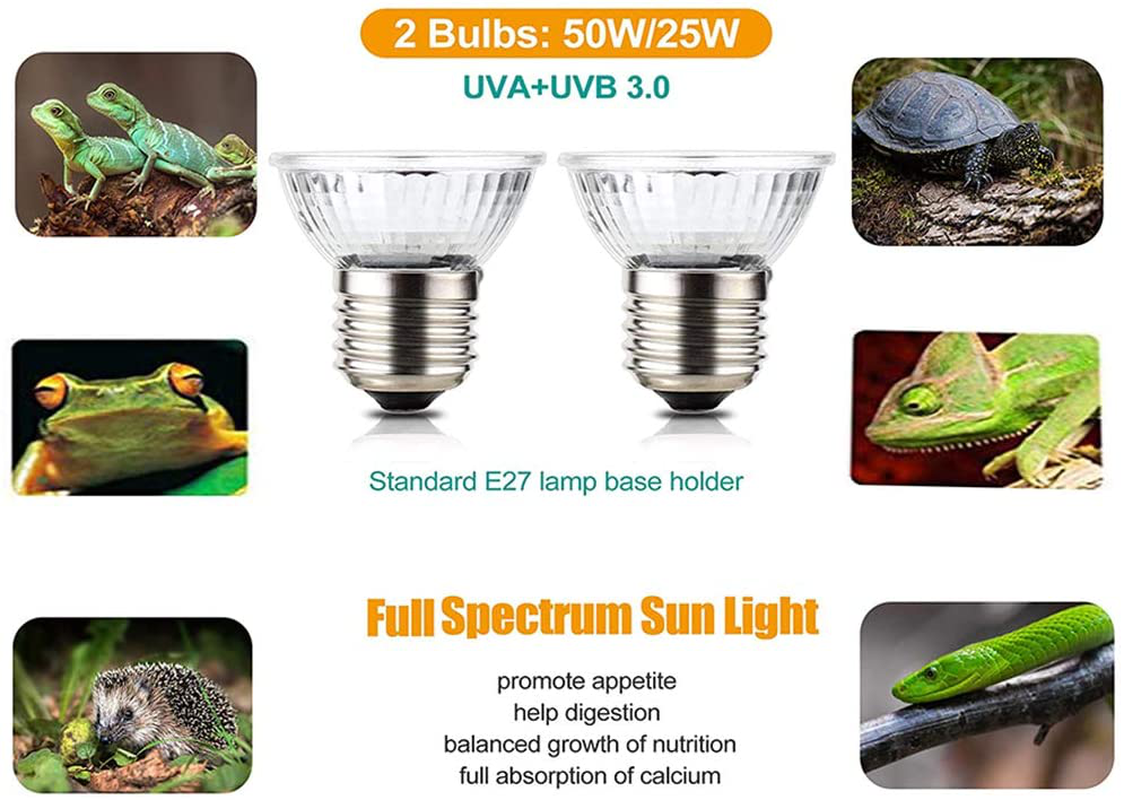 JLXMROSE Heat and Light for Reptiles and Amphibian Tanks with Bulbs & Switch, Adjustable and Rotates 360°, 25W/50W/E27 UVA UVB Bulbs Basking Spot Lamp, Pet Heating Lamp (Black)
