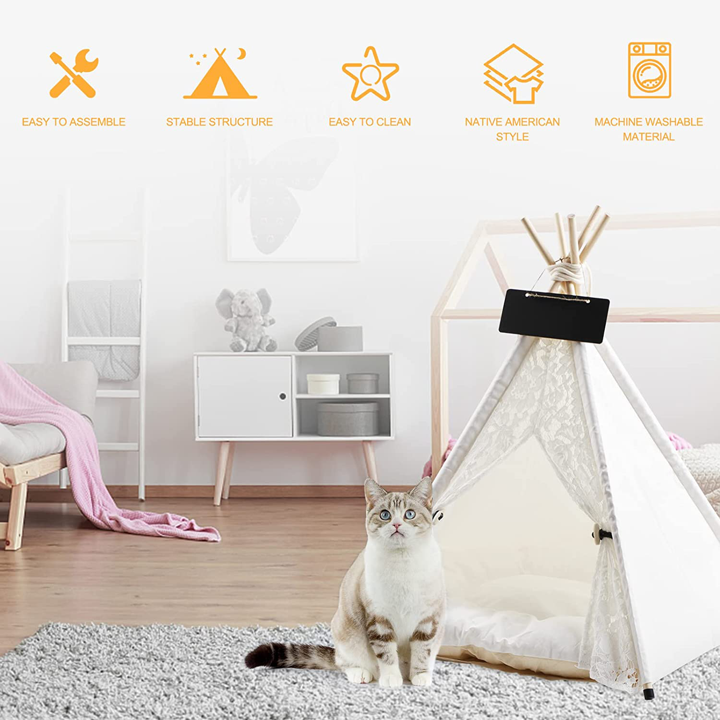 DEWEL Pet Teepee with Cushion Dog & Cat Tent with Soft Bed Portable Pet House for Small Medium Dogs and Cats, 27.5 Inch Tall Foldable Pet Teepee Tent for Puppy and Rabbit Indoor
