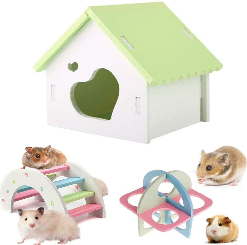 JUILE YUAN Hamsters House DIY Wooden Gerbil Hideout, Hamster Ladder Exercise Fitness Toys, Small Animals Habitat Fun Play Rainbow Bridge Hamster Cage Accessories (3 Packs)
