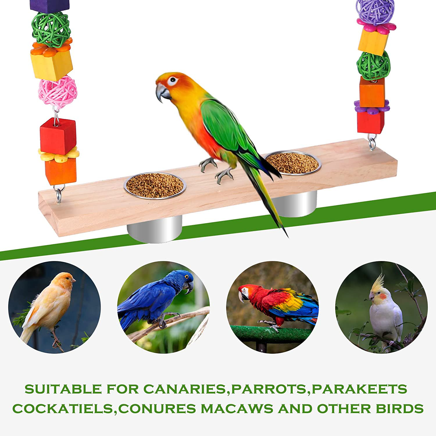 Bird Feeding Dish Cups with Parrot Perch Swing Chew Toys 4 in 1 Hanging Natural Wooden Bird Swing Stainless Steel Parrot Cage Feeder Water Bowl for Parakeet Cockatiels Lovebirds Budgie Pigeons Animals & Pet Supplies > Pet Supplies > Bird Supplies > Bird Cages & Stands KEVOTOMP   