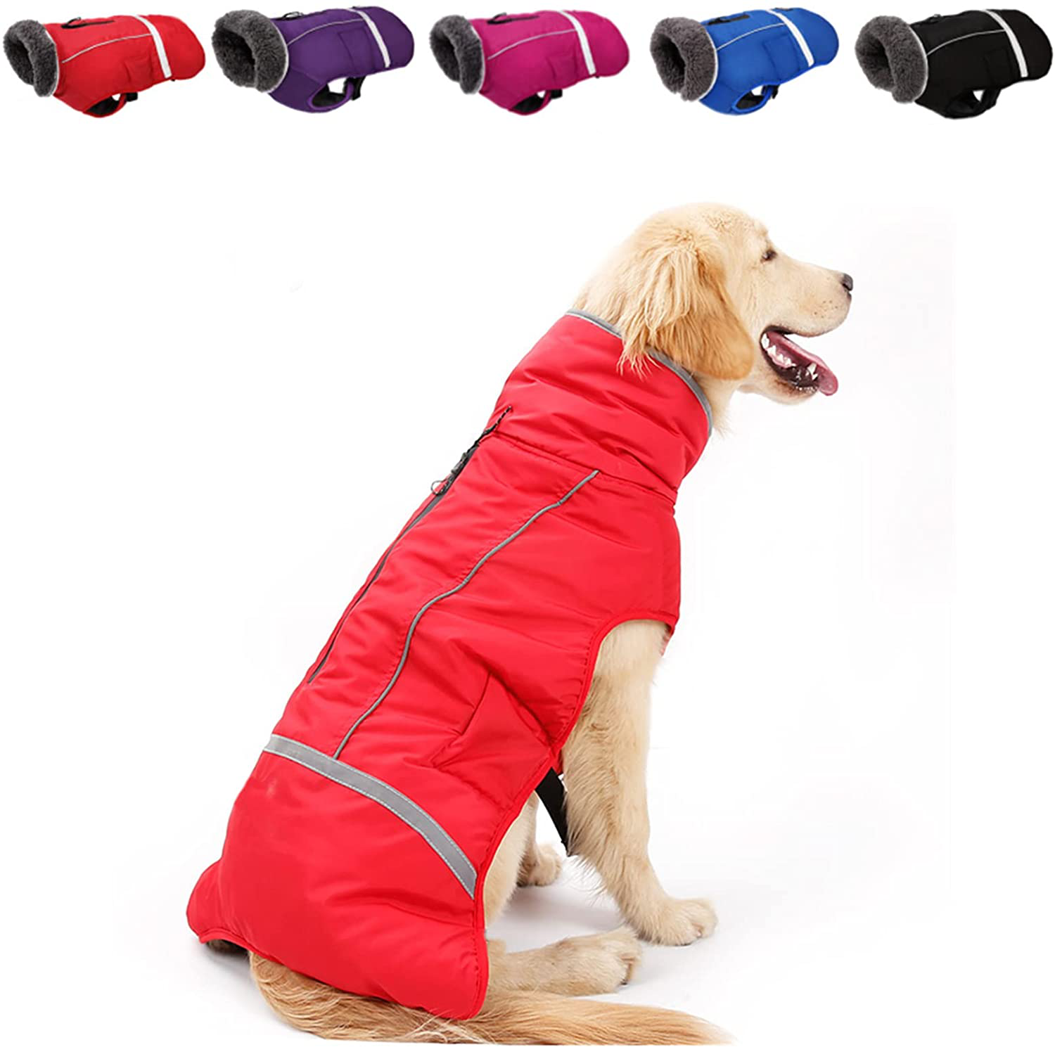 Doglay Dog Winter Coat with Thicken Furry Collar, Reflective Warm Pet Jacket Waterproof Windproof Dog Clothes for Cold Weather, Soft Puppy Vest Apparel for Small Medium Large Dogs Animals & Pet Supplies > Pet Supplies > Dog Supplies > Dog Apparel Doglay Red XL(Chest : 24.41-33.46" , Back : 19.68") 