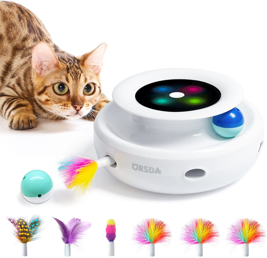 Cat Toys ORSDA 2-In-1 Interactive Cat Toys for Indoor Cats, Automatic Cat Toy Balls, Ambush Feather Kitten Toys with 6Pcs Attachments, Dual Power Supplies, Adjustable Speed, Auto On/Off…