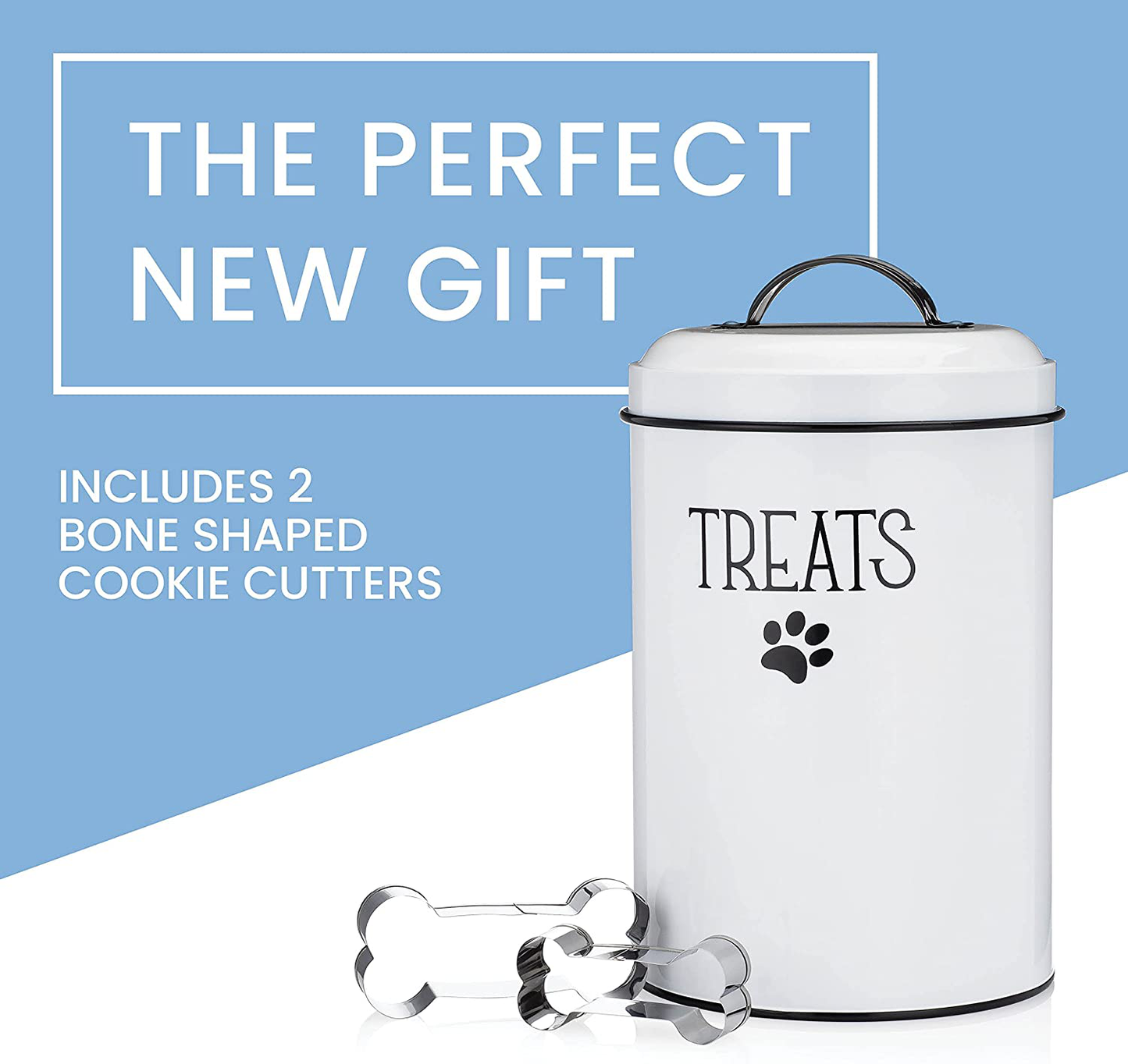 JRW DESIGN White Dog and Cat Treat Container plus 2 Bone-Shaped Cookie Cutters - Farmhouse Dog Treat Holder Jar - Durable Dog Biscuit Tin Canister, Great Gift for Pet Owners - Stylish Dog Treat Jar Animals & Pet Supplies > Pet Supplies > Bird Supplies > Bird Treats JRW Design   