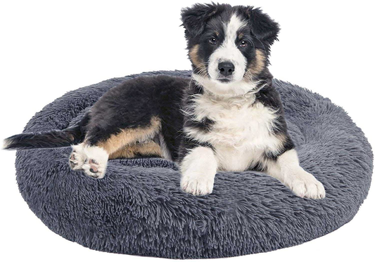 GROOBOLL Cat Bed, Donut Dog Bed, Anti-Anxiety Plush Calming Dog Bed, Soft Fuzzy round Dog Bed, Washable Fluffy Dog Beds for Small Medium Dogs and Cats (20"/24"/28") Animals & Pet Supplies > Pet Supplies > Dog Supplies > Dog Beds GROOBOLL Dark Grey 28x28 Inch 