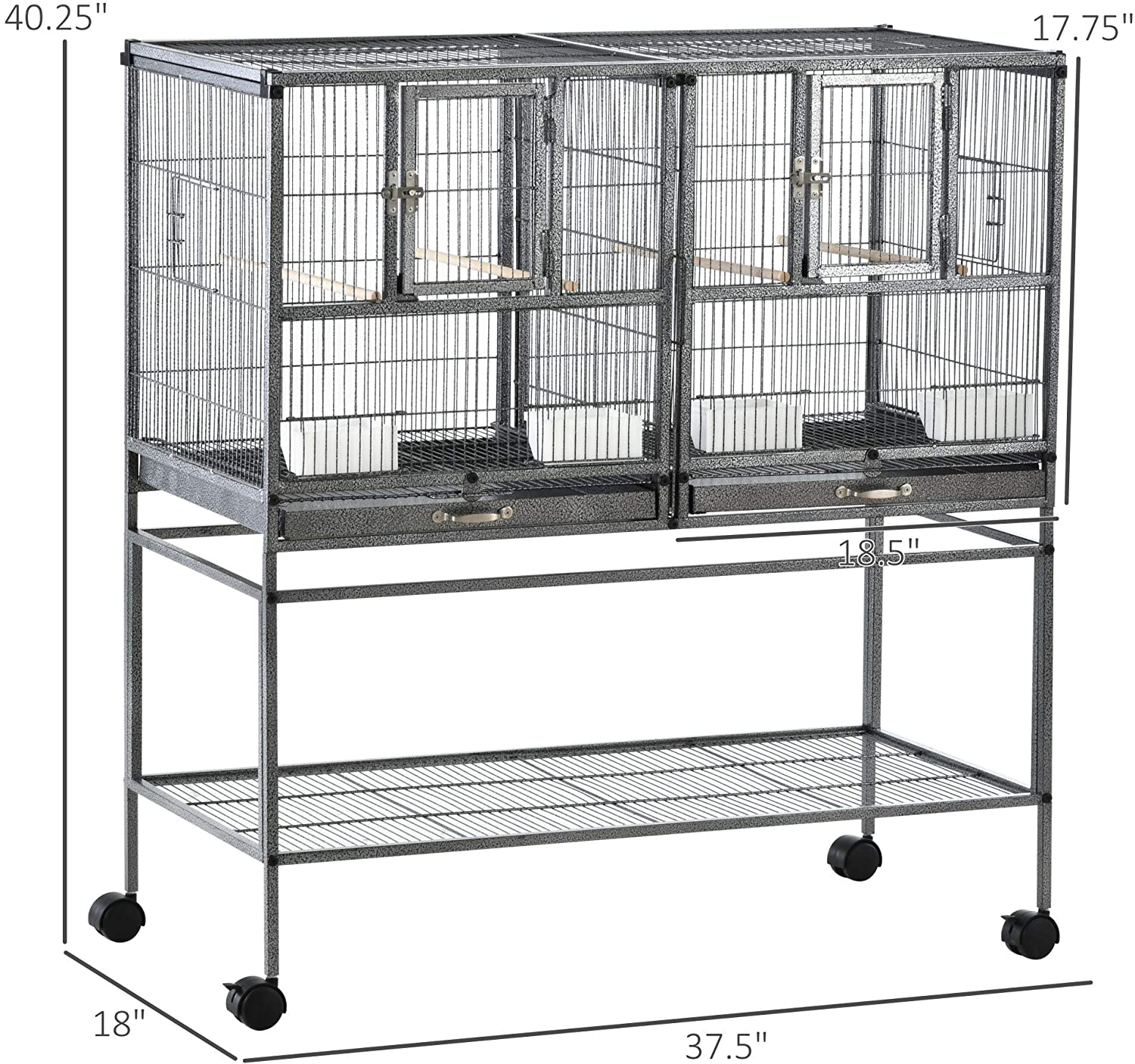 Pawhut Double Rolling Metal Bird Cage with Removable Metal Tray, Storage Shelf, Wood Perch, and Food Container Animals & Pet Supplies > Pet Supplies > Bird Supplies > Bird Cages & Stands PawHut   