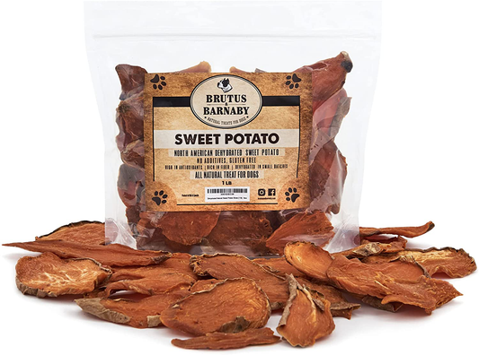 BRUTUS & BARNABY Sweet Potato Dog Treats- Dehydrated North American All Natural Thick Cut Sweet Potato Slices, Grain Free, No Preservatives Added, Best High Anti-Oxidant Healthy Dog Chew Animals & Pet Supplies > Pet Supplies > Dog Supplies > Dog Treats Brutus & Barnaby Full Slices 14 oz 