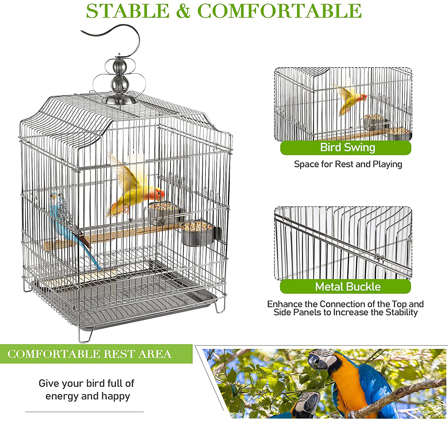 Lilithye Large Stainless Steel Parakeet Bird Cage 30 Inch Height Hanging Parrot Bird Cages with Stand for Cockatiels African Grey Quaker Parakeets Conures Pigeons Flight Perches Birdcage Animals & Pet Supplies > Pet Supplies > Bird Supplies > Bird Cages & Stands Lilithye   