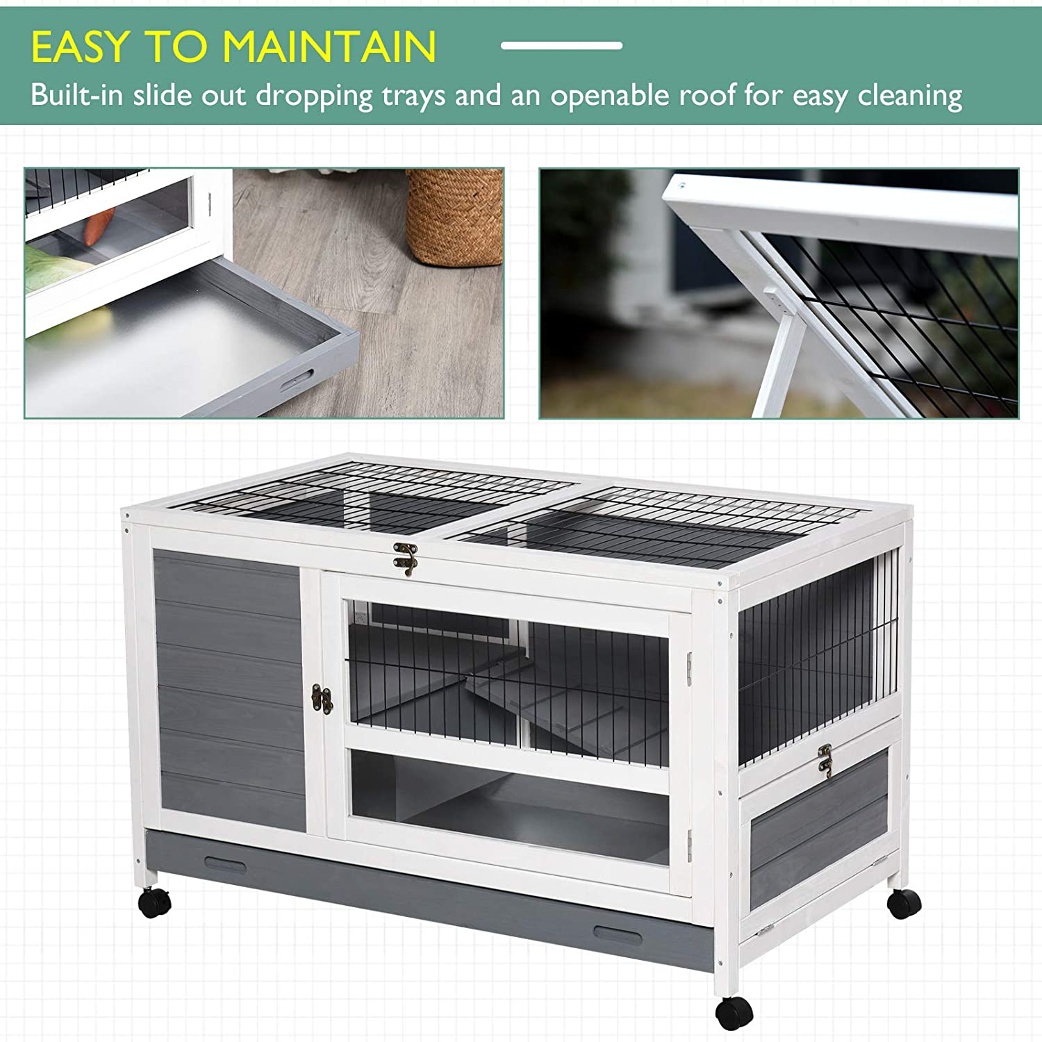 Pawhut Wooden Rabbit Hutch Bunny House Elevated Pet Cage Small Animal Guinea Pig Habitat with Slide-Out Tray Lockable Door Openable Top for Indoor 40" X 23.5" X 25" Grey