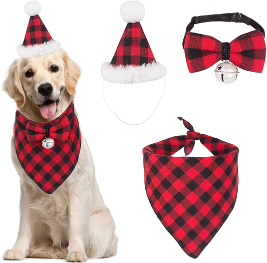 Christmas Dog Bandana Hat Bow Tie Set - Classic Plaid Pet Scarf Triangle Bibs Dog Christmas Costume Decoration Accessories for Small Medium Dogs Cats Pets Animals & Pet Supplies > Pet Supplies > Dog Supplies > Dog Apparel ADOGGYGO Red  
