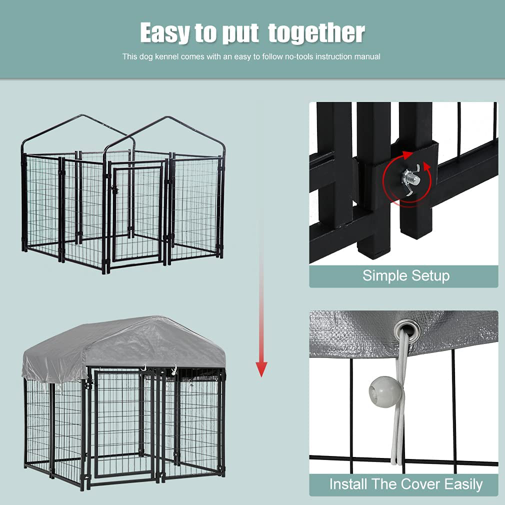 Large Dog Kennel Dog Crate Cage, Extra Large Welded Wire Pet Playpen with UV Protection Waterproof Cover and Roof Outdoor Heavy Duty Galvanized Metal Animal Pet Enclosure for Outside, 4 X 4 X 4.3 Feet