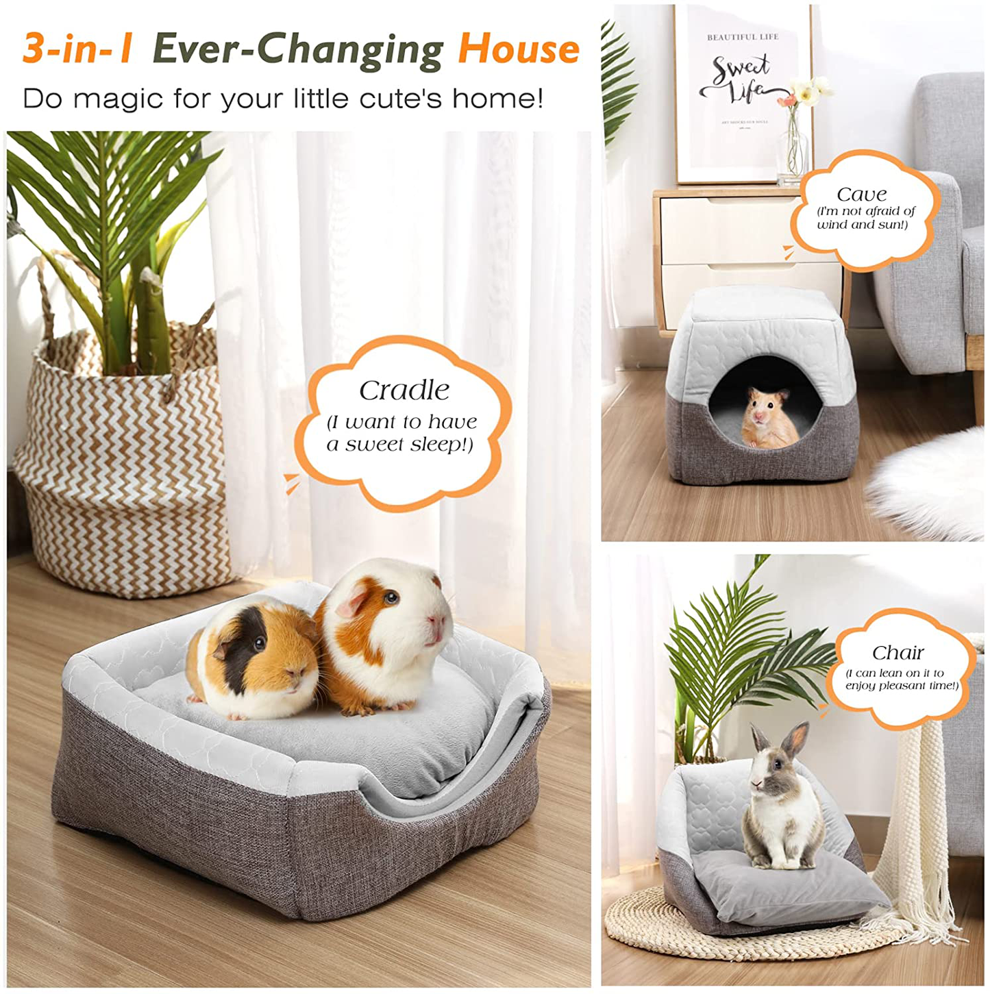 Vavopaw Guinea Pig Bed, 3-In-1 Small Animal Pets Houses Habitats Beds Warm Bunny Cave Cage Accessory for Small Pets Hamster Chinchilla Ferret Rabbit Hedgehog Squirrel Animals & Pet Supplies > Pet Supplies > Small Animal Supplies > Small Animal Habitat Accessories VavoPaw   