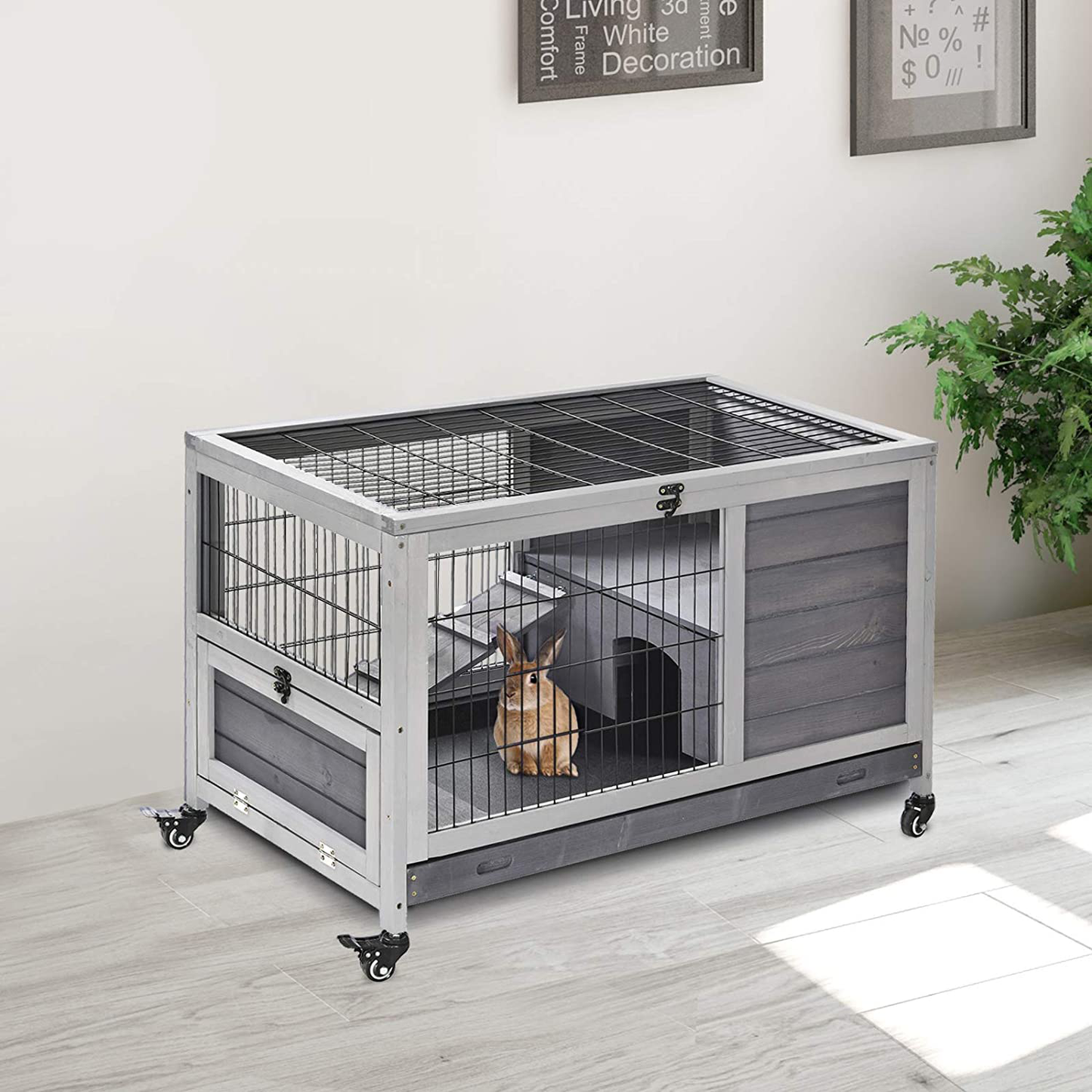 Pawhut Wooden Indoor Rabbit Hutch Elevated Cage Habitat with Enclosed Run with Wheels, Ideal for Rabbits and Guinea Pigs Animals & Pet Supplies > Pet Supplies > Small Animal Supplies > Small Animal Habitats & Cages PawHut   