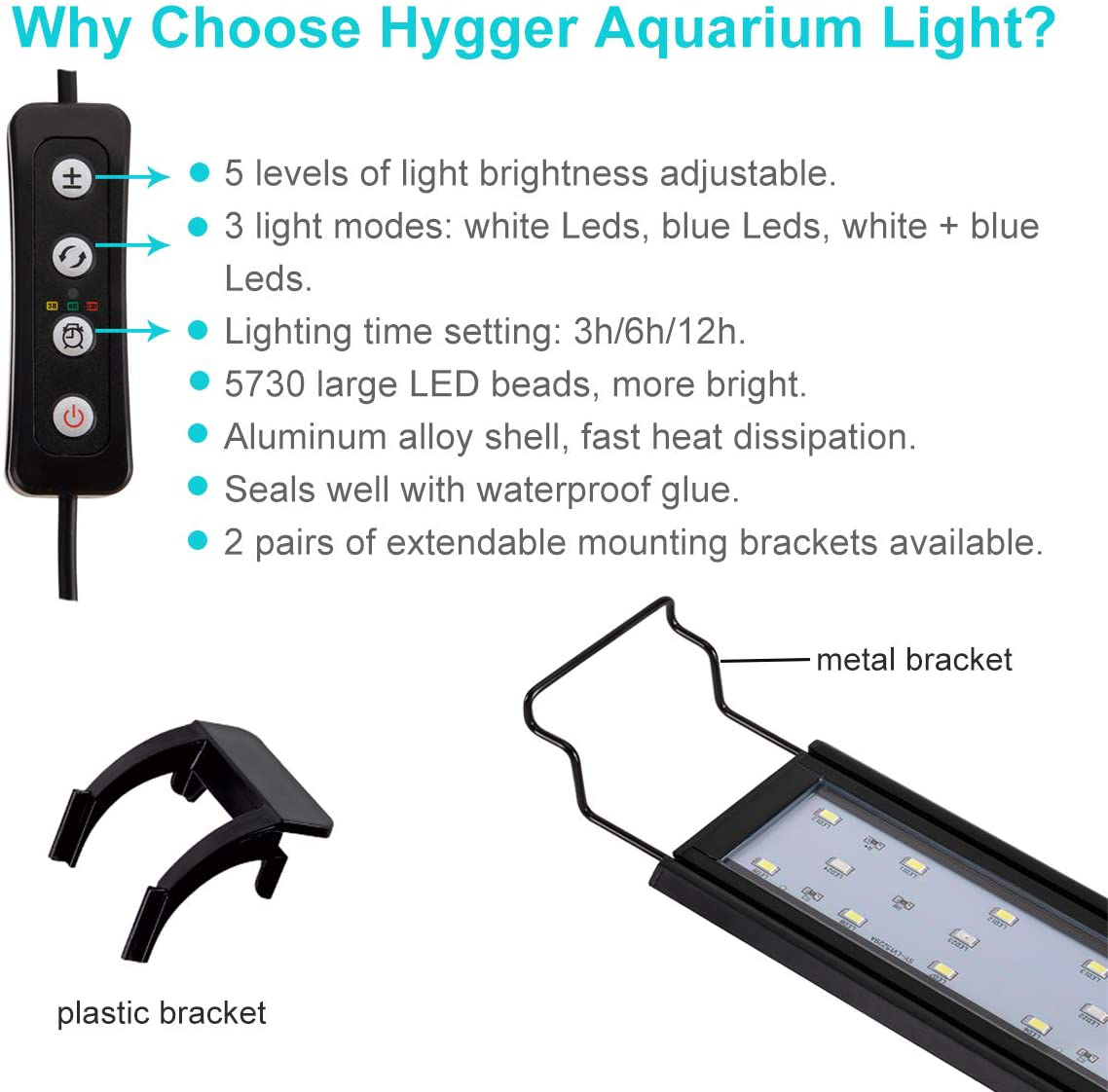 Hygger Adjustable Blue White Leds Aquarium Light with Aluminum Alloy Shell Extendable Brackets，With External Controller Dimmer, for Freshwater Fish Tank