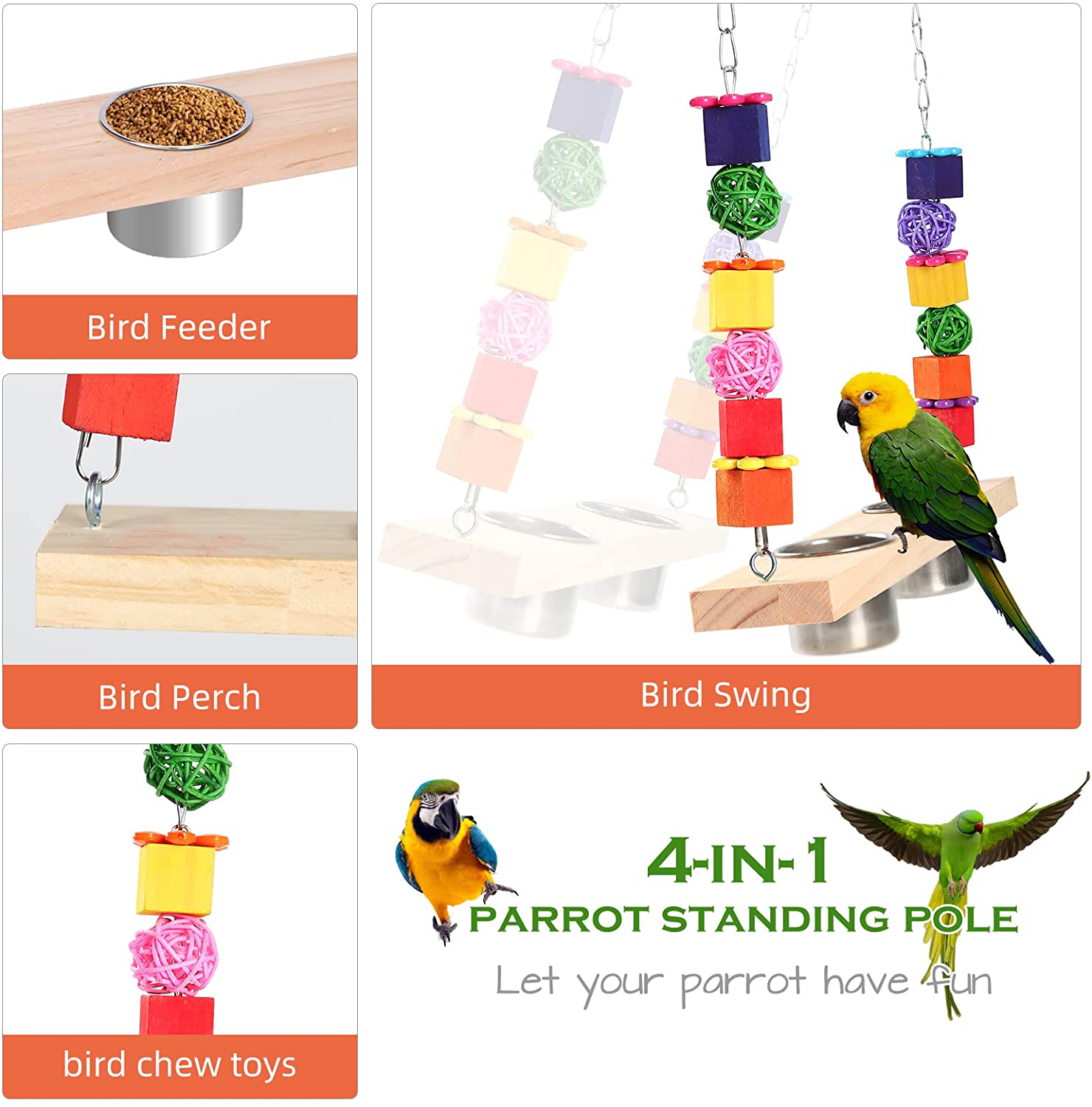 Bird Feeding Dish Cups with Parrot Perch Swing Chew Toys 4 in 1 Hanging Natural Wooden Bird Swing Stainless Steel Parrot Cage Feeder Water Bowl for Parakeet Cockatiels Lovebirds Budgie Pigeons Animals & Pet Supplies > Pet Supplies > Bird Supplies > Bird Cages & Stands KEVOTOMP   