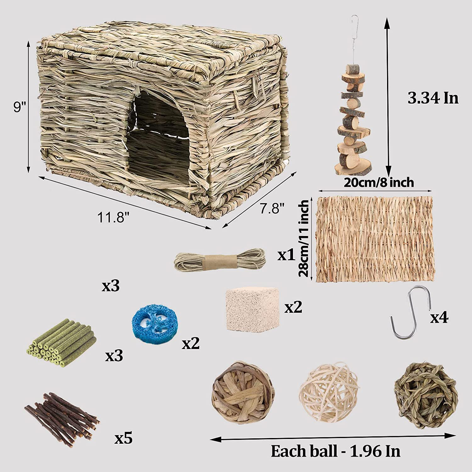HERCOCCI Grass House for Bunny, Natural Handmade Grass Bed Hideaway Hut Mat with Chew Toys Accessories for Rabbit Bunny Guinea Pig Chinchilla Small Animal - Play and Rest