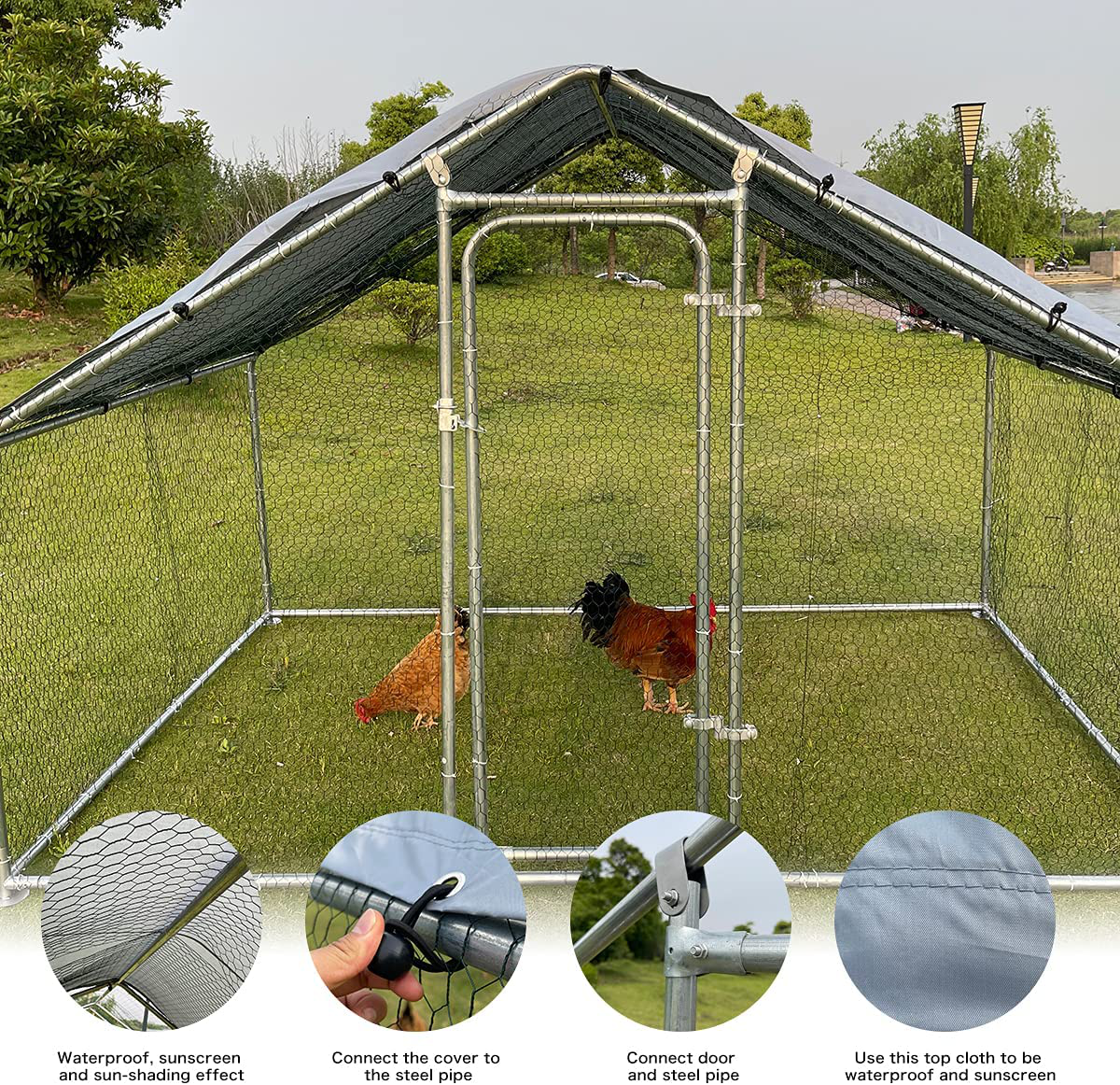 Hiwokk Large Metal Chicken Coop Walk-In Poultry Cage Chicken Run Dog Kennel Chicken Pen Spire Shaped Coop with Waterproof and Anti-Ultraviolet Cover for Backyard Farm Use(9.8'L X 6.6'W X 6.4'H)