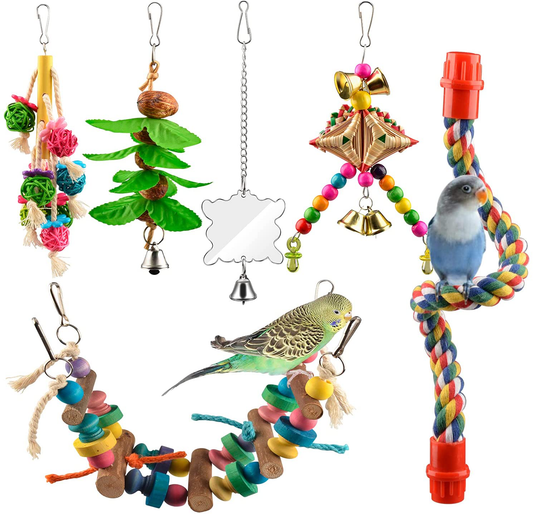 AOPMET Bird Swing Toys 6Pcs, Parrot Swing Chewing Toys Hanging Perches with Bells, Pet Bird Swing Chewing Toys for Parakeets Cockatiels, Conures, Parrots, Love Birds Animals & Pet Supplies > Pet Supplies > Bird Supplies > Bird Toys AOPMET   