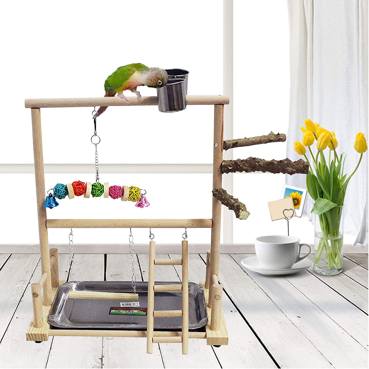 Kathson Bird Playground Parrot Playstand Wood Perch Stand Toys Ladder Swing Feeder Cups Chew Toy for Parakeet Conure Cockatiel Budgie Lovebird Finch Small Birds Animals & Pet Supplies > Pet Supplies > Bird Supplies > Bird Ladders & Perches kathson   