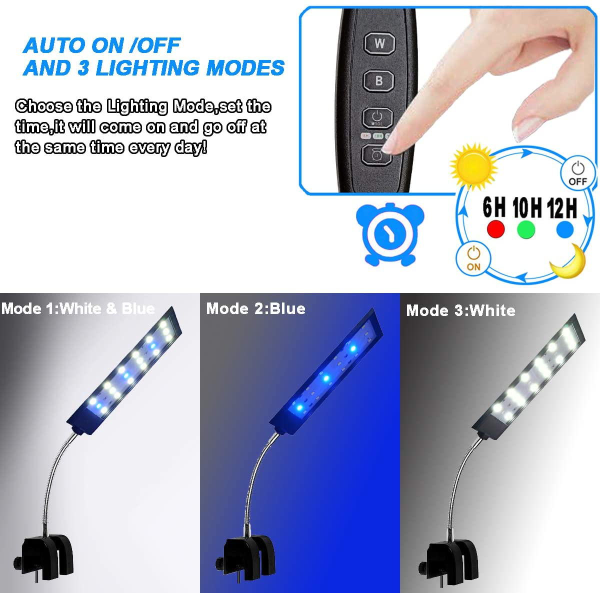 Mingdak Fish Tank Clip on Light with Inline Timer, Clamp Aquarium Light with White & Blue Leds, 3 Lighting Modes, Dimmable, 7W, 18 Leds Animals & Pet Supplies > Pet Supplies > Fish Supplies > Aquarium Lighting MingDak   