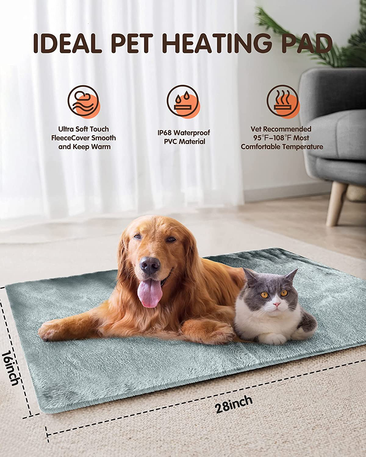 Feeko Pet Heating Pad, 16''X28'' Large Electric Heating Pad for Dogs and Cats Indoor Adjustable Warming Mat with Auto-Off and 6 Heat Setting, Chew Resistant Cord, Navy Grey