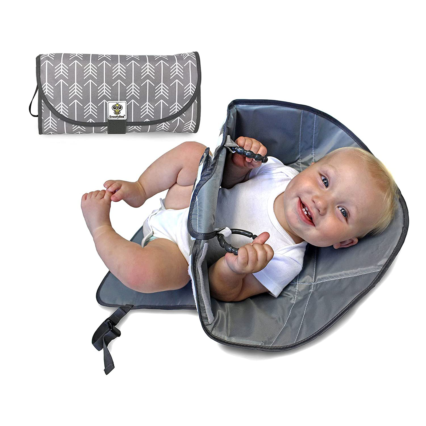 Snoofybee Portable Clean Hands Changing Pad. 3-In-1 Diaper Clutch, Changing Station, and Diaper-Time Playmatwith Redirection Barrier for Use with Infants, Babies and Toddlers (Grey Arrow) Animals & Pet Supplies > Pet Supplies > Dog Supplies > Dog Diaper Pads & Liners SnoofyBee Grey Arrow  