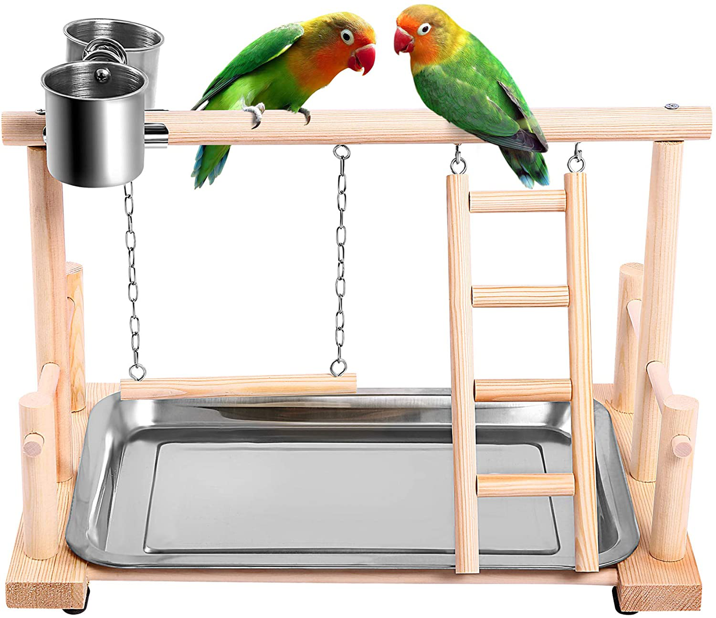 SAWMONG Bird Playgroud Parrots Wood Perch Playstand Stand Playpen Ladder with Feeder Seed Cups, Bird Ropes, Toys Exercise Play for Cockatiels, Conures, Parakeets, Finch Small Animals
