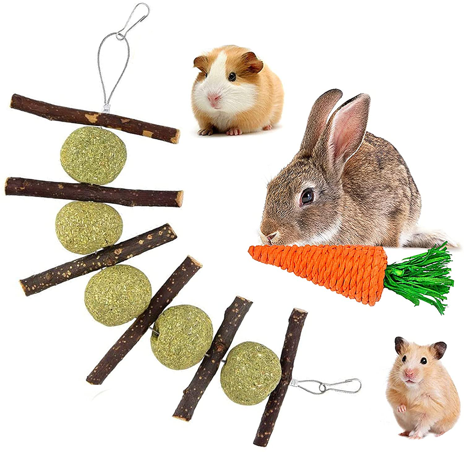 Rabbit Toys, Bunny Chew Toy for Teeth & Gnawing Treats, 100% Natural Organic Wood Apple Sticks and Timothy Hay Balls, Carrot Toys for Rabbit, Bunny，Chinchillas, Guinea Pigs, Hamsters, Rodent Animals & Pet Supplies > Pet Supplies > Small Animal Supplies > Small Animal Treats WoLover   