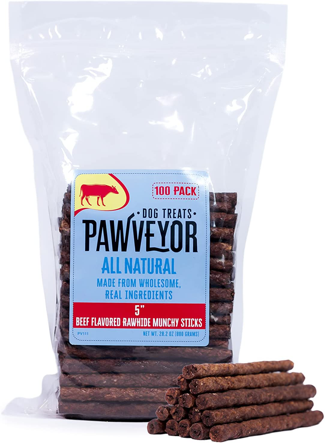 Pawveyor 5" Munchy Stick Dog Treat Flavor Burst Rawhide Dog Chew Toy for Small Dogs Puppy Teething Snacks All Natural Ingredients Non-China 100 Pack Animals & Pet Supplies > Pet Supplies > Small Animal Supplies > Small Animal Treats Pawveyor Beef  